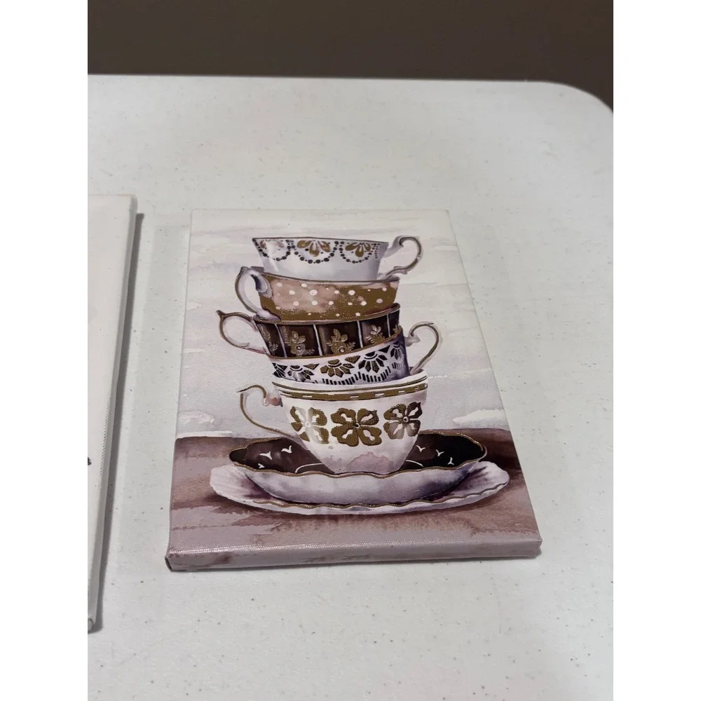 Vintage Style Teacup and Book Canvas Wall Art Set of 2 Kitchen Decor